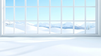 Empty room with winter landscape view through window. Background shows snow covered mountains, perfect for showcasing products