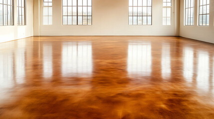 Obraz premium Empty studio with high windows, polished floor and white walls for art, fitness, dance space or showroom
