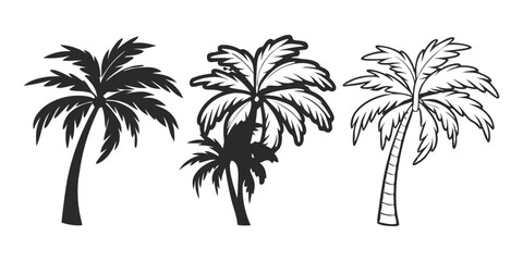 Obraz premium vector tropical palm tree sketch set features a realistic black silhouette of palm trees isolated on a white background.