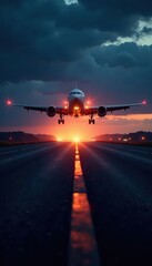 Fototapeta premium Plane's landing lights shine brightly on a darkening landscape, landing lights, horizon, sky