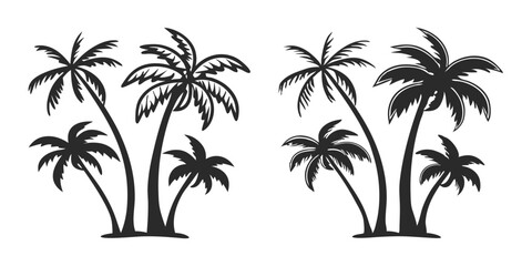Obraz premium vector tropical palm tree sketch set features a realistic black silhouette of palm trees isolated on a white background.