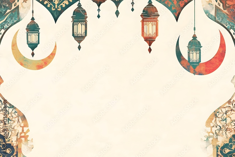 Fototapete ramadan background design colourful lantern lamp with dates and tasbih isolated on beige background,