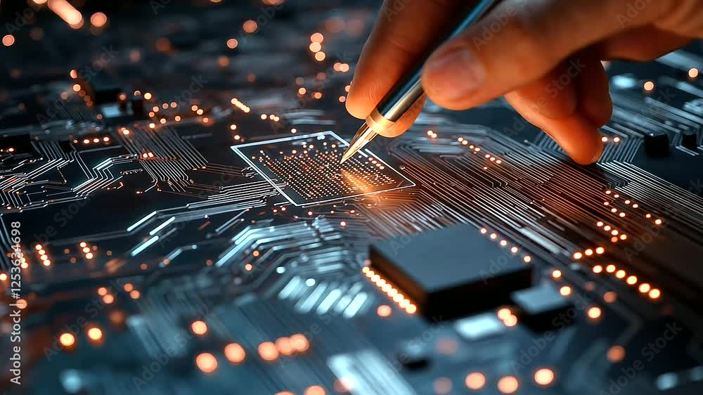 Aufkleber a circuit board covered in intricate soldered pathways, with a technician’s hands carefully placing 