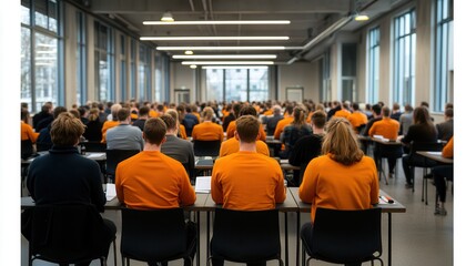 Obraz premium Entrepreneurship 101. Large group of individuals in orange uniforms seated in a modern classroom.