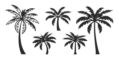 Obraz premium vector tropical palm tree sketch set features a realistic black silhouette of palm trees isolated on a white background.