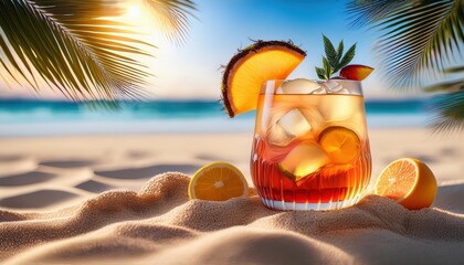 Enjoy a vibrant rum cocktail adorned with colorful tropical fruits, resting on warm sand, while...