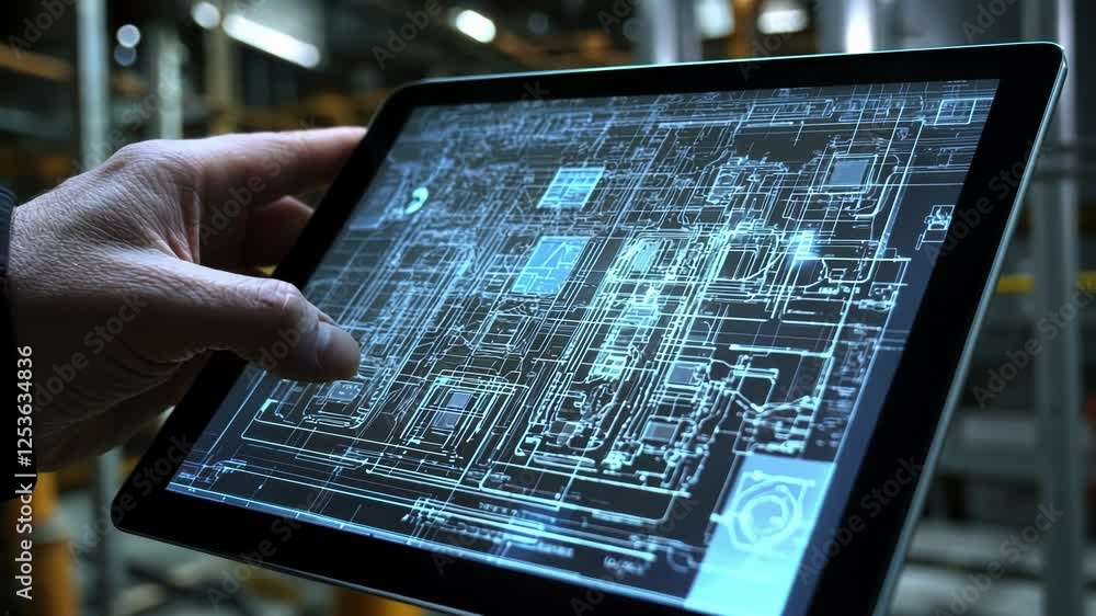 Poster engineer uses a futuristic touchscreen tablet, displaying intricate schematics and diagrams, to moni