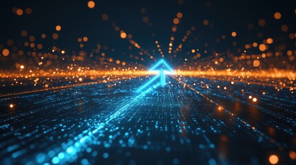 Obraz premium A digital representation of an upward arrow amidst glowing particles.