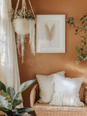 A bohemian-inspired studio space with neutral textures, hanging plants, and a white frame on a warm-toned wall.