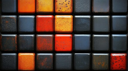 A wall of black, red, and orange tiles. The tiles are arranged in a grid pattern