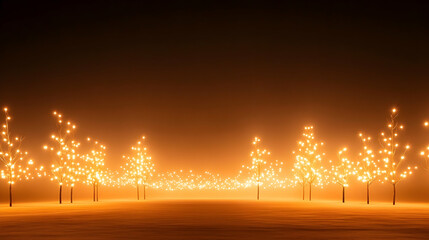 Glowing orange trees with lights illuminate a landscape background, ideal for festive holiday celebrations or winter seasonal designs