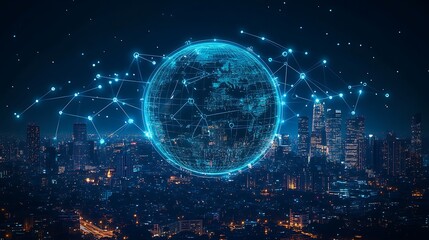 Obraz premium Futuristic Cityscape with Digital Globe Overlay