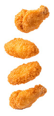 Four pieces of fried chicken are shown in the air, with one piece missing
