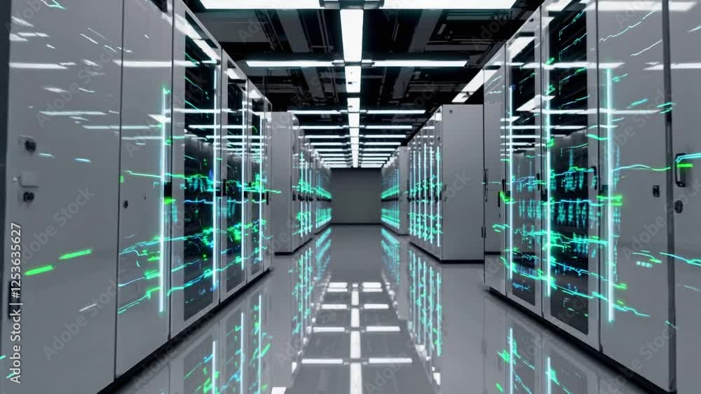 Poster high-tech data center aisle with glowing server racks and cables