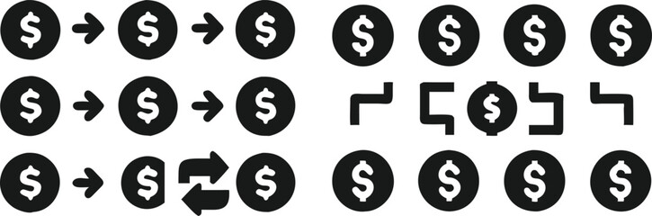 Simple Black and White Dollar Icons with Directional Arrows for Financial Transactions
