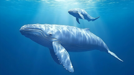 Naklejka premium Humpback whale family swimming underwater in blue ocean lit by sun. Ideal for marine life or environmental campaign illustrations