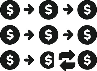 Obraz premium Simple Black and White Dollar Icons with Directional Arrows for Financial Transactions