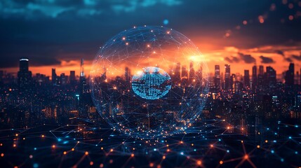 Obraz premium Futuristic Digital Globe with City Skyline Background