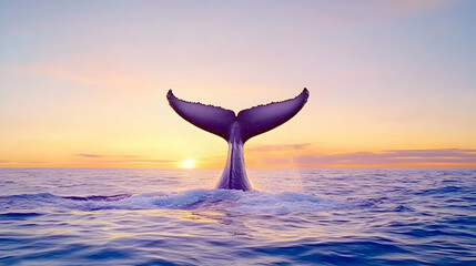 Humpback whale tale rising in the ocean during sunset, creating ripples;  suitable for marine life conservation, tourism, or environmental publications
