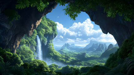 Jungle cave view of waterfall cascading through lush green valleys under a blue sky for tourism marketing material