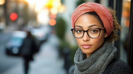 A woman wearing glasses and a scarf stands on a sidewalk. She is looking at the camera. The scene is set in a city with cars and a few other people in the background