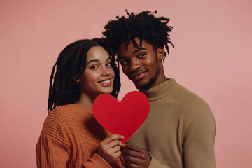 Valentine's Day, Loving Young Interracial Couple Embracing, Touching Foreheads, Holding Red Heart-Shaped Card, Gazing at Each Other, Isolated on Pink Background, Soft Shadows.