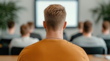 Entrepreneurship 101. Man attending a presentation, focused on the screen in front of him.