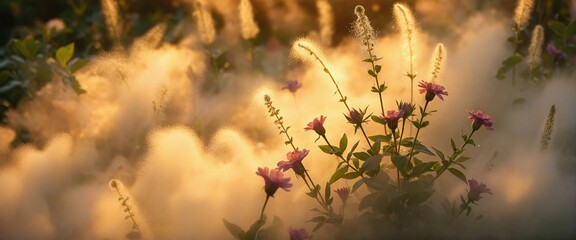 Lush Morning Garden Wrapped in Dreamy Mist with Vibrant Colors and Natural Light