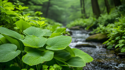 Lush green foliage frames a stream flowing through a misty forest. Ideal for nature, wellness, or landscape-related content