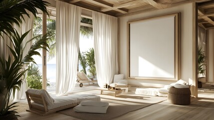 Fototapeta premium A breezy beachside villa with natural wooden tones, soft linen curtains, and a blank framed canvas.