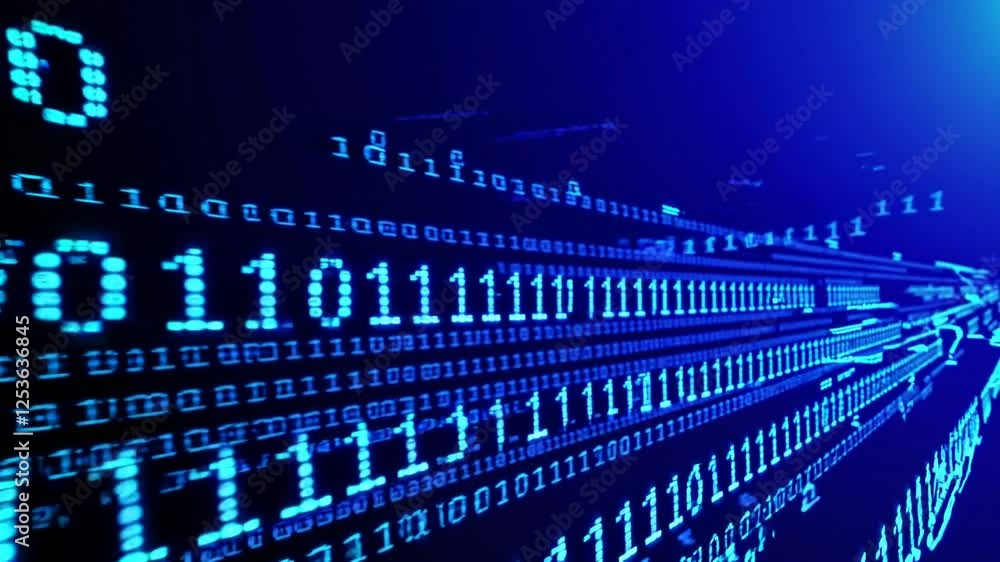 Poster abstract digital data binary code flow in blue and black background