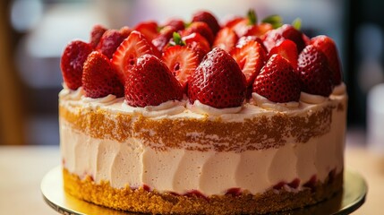 Strawberry cake on a gold plate, blurred background, ideal for food blogs
