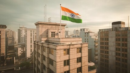 Indian Flag Flying from Building in Urban Environment with Clear Sky and Clouds in the Background







