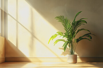 Potted plant placed on a wooden floor in a bright room with natural light and simple decor