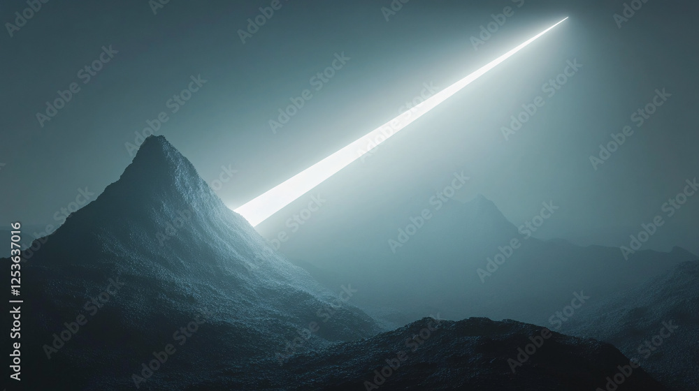 Poster a single powerful beam of light illuminating a sharp mountain peak in a misty dark landscape creatin
