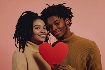 Valentine's Day, Loving Young Interracial Couple Embracing, Touching Foreheads, Holding Red Heart-Shaped Card, Gazing at Each Other, Isolated on Pink Background, Soft Shadows.