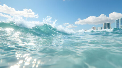 Ocean wave breaking on shore, clear blue water near buildings under sunny skies. Use travel, summer, vacation, recreation