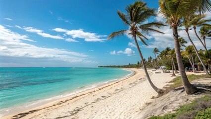 Warm sandy beach scene with palm trees and turquoise ocean, relaxation, sandy shore, beach vacation, tropical beach, turquoise water
