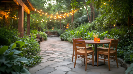Obraz premium Outdoor dinner table in a lush garden with string lights. Intimate gathering in a tranquil setting, perfect for lifestyle concepts