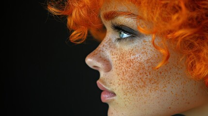 Obraz premium A woman with red hair and a red nose stands in front of a black background. She has a unique and bold appearance, with her orange hair and red nose making her stand out