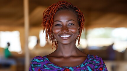 A woman with red hair and a purple and green dress is smiling. She is standing in front of a tent