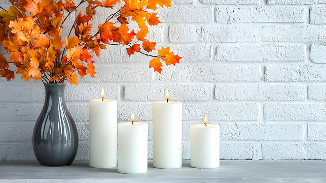 Autumn leaves vase candles brick wall decor