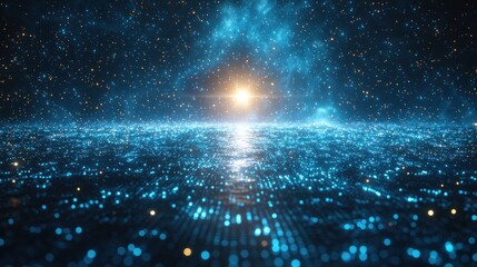 Blue digital ocean with light horizon, ideal for technology background