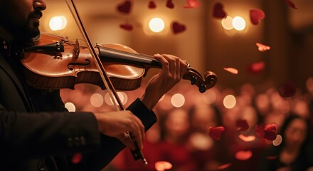 Bokeh-filled shot of a musician playing a violin solo, heart confetti in the foreground,3