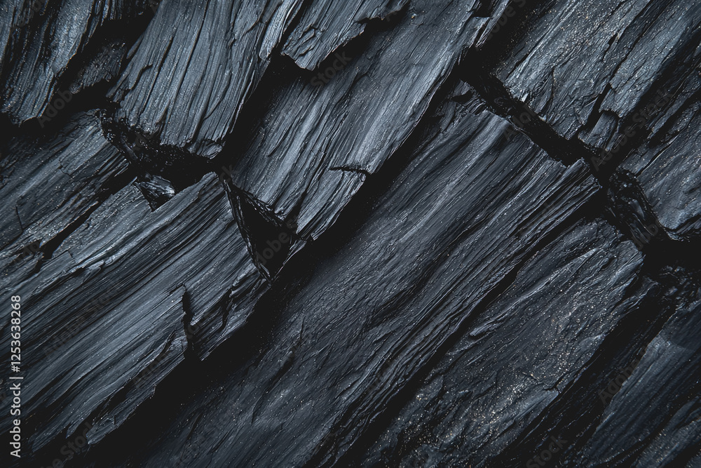 Aufkleber close up view of a textured black rock with natural patterns and details in the surface