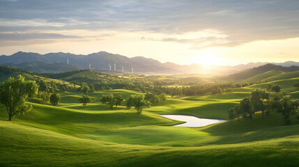 Rolling green hills in the sunset with wind turbines. Scenic landscape for environmental or renewable energy promotions