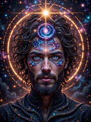 Mysterious young man with cosmic body art and glow demonstrating a powerful expression against a starry background