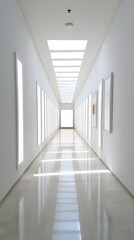 Obraz premium A bright and open museum hallway with symmetrical lighting and an oversized blank white frame.