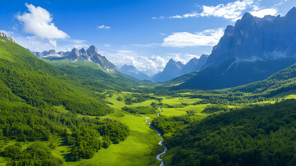 Scenic valley view with lush green landscape under blue sky and mountains, for tourism, nature, or travel blog backgrounds