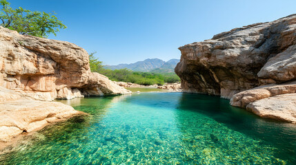 Fototapeta premium Serene blue waters pool in rocky Oman, mountains and trees backdrop, use as travel inspiration, wallpaper, calendar, or print